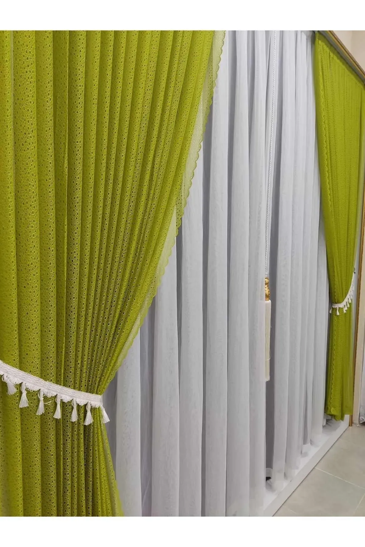 Yağ yeşili örme model sık pile tek kanat fon perde