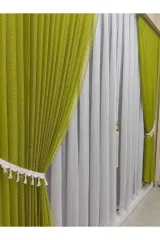 Yağ yeşili örme model sık pile tek kanat fon perde