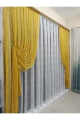 Hardal sarısı örme model sık pile tek kanat fon perde