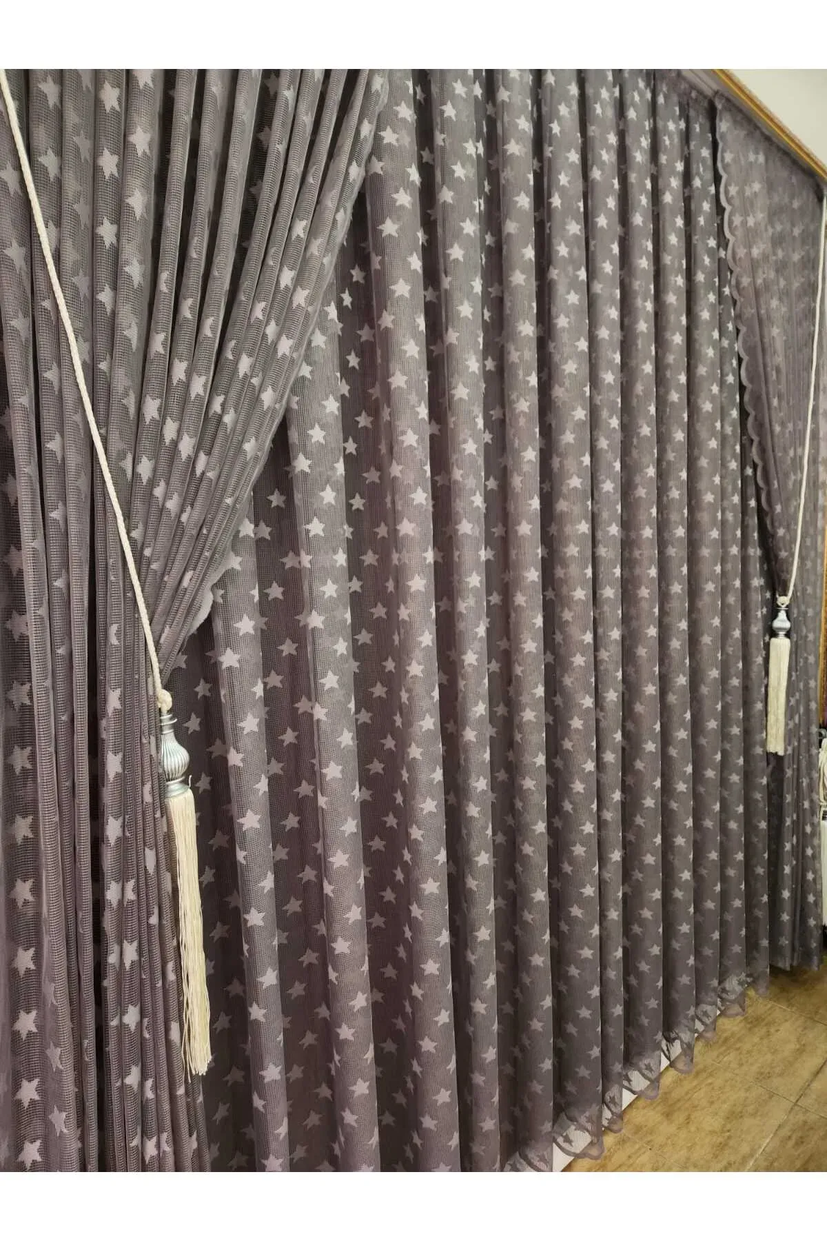 Gri renk yıldız temalı sık pile tül perde ve fon perde çocuk perdesi set