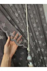 Gri renk yıldız temalı sık pile tül perde ve fon perde çocuk perdesi set