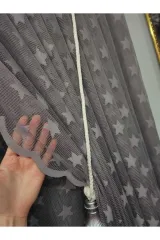 Gri renk yıldız temalı sık pile tül perde ve fon perde çocuk perdesi set