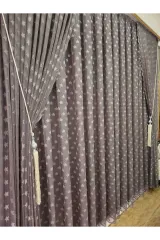 Gri renk yıldız temalı sık pile tül perde ve fon perde çocuk perdesi set