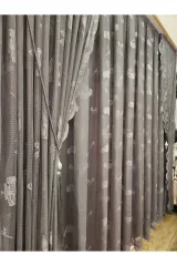 Gri renk araba temalı sık pile fon perde ve tül perde çocuk perdesi set