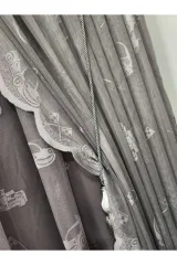 Gri renk araba temalı sık pile fon perde ve tül perde çocuk perdesi set