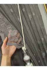 Gri renk kelebek temalı sık pile tül perde ve fon perde çocuk perdesi set