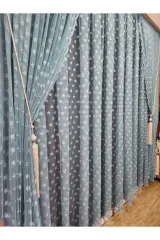 Mavi renk yıldız temalı sık pile tül perde ve fon perde çocuk perdesi set