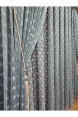 Mavi renk yıldız temalı sık pile tül perde ve fon perde çocuk perdesi set