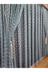 Mavi renk yıldız temalı sık pile tül perde ve fon perde çocuk perdesi set