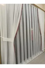 Gül kurusu püsküllü sık pile tül perde ve fon perde grek set