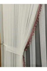 Gül kurusu püsküllü sık pile tül perde ve fon perde grek set