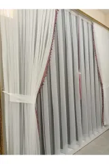 Gül kurusu püsküllü sık pile tül perde ve fon perde grek set