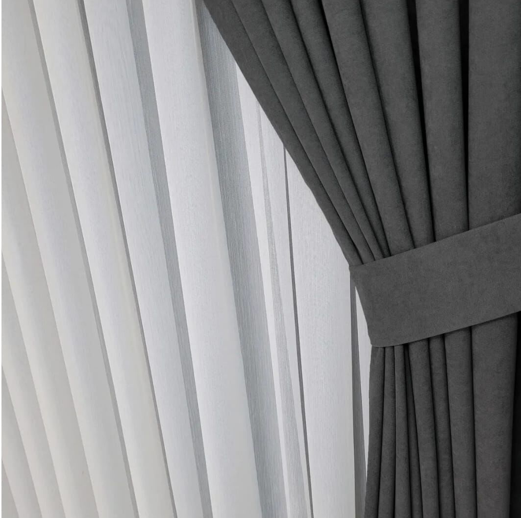 Koyu gri sık pile tek kanat kadife kumaş fon perde