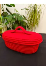 Koyu kırmızı jüt hasır sepet oval kapaklı organizer 30X20X19
