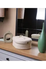 Ekru jüt hasır sepet oval kapaklı organizer 30X20X10