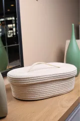 Ekru jüt hasır sepet oval kapaklı organizer 30X20X10