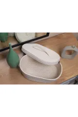 Ekru jüt hasır sepet oval kapaklı organizer 30X20X10