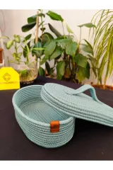 Turkuaz jüt hasır sepet oval kapaklı organizer 30X20X24