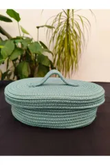Turkuaz jüt hasır sepet oval kapaklı organizer 30X20X24