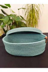 Turkuaz jüt hasır sepet oval kapaklı organizer 30X20X24
