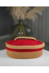 Hasır kırmızı jüt hasır sepet oval kapaklı organizer 30X20X14