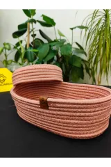 Pembe jüt hasır sepet oval kapaklı organizer 30X20X21