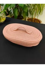 Pembe jüt hasır sepet oval kapaklı organizer 30X20X21