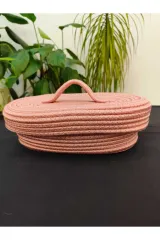 Pembe jüt hasır sepet oval kapaklı organizer 30X20X21