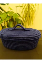 Lacivert jüt hasır sepet oval kapaklı organizer 30X20X17