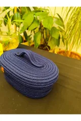 Lacivert jüt hasır sepet oval kapaklı organizer 30X20X17