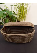 Kahve jüt hasır sepet oval kapaklı organizer 30X20X20