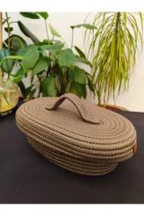 Kahve jüt hasır sepet oval kapaklı organizer 30X20X20