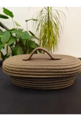 Kahve jüt hasır sepet oval kapaklı organizer 30X20X20