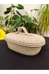 Taş jüt Hasır Sepet Oval Kapaklı Organizer 30x20x23