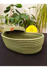 Yeşil jüt hasır sepet oval kapaklı organizer 30X20X25
