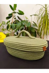 Yeşil jüt hasır sepet oval kapaklı organizer 30X20X25