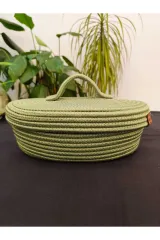 Yeşil jüt hasır sepet oval kapaklı organizer 30X20X25
