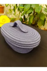 İndigo jüt hasır sepet oval kapaklı organizer 30X20X16