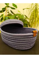 İndigo jüt hasır sepet oval kapaklı organizer 30X20X16