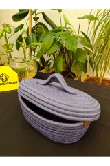 İndigo jüt hasır sepet oval kapaklı organizer 30X20X16