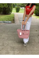 Pembe el çantası plaj çantası omuz çantası jüt hasır görünümlü