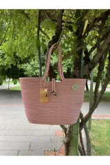 Pembe el çantası plaj çantası omuz çantası jüt hasır görünümlü