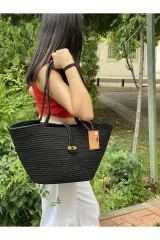 Siyah el çantası plaj çantası omuz çantası jüt hasır görünümlü
