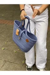 Mavi el çantası plaj çantası omuz çantası jüt hasır görünümlü