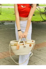 Bej el çantası plaj çantası omuz çantası jüt hasır görünümlü