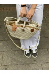 Bej el çantası plaj çantası omuz çantası jüt hasır görünümlü