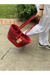 Kırmız ve siyah el çantası plaj çantası omuz çantası jüt hasır görünümlü