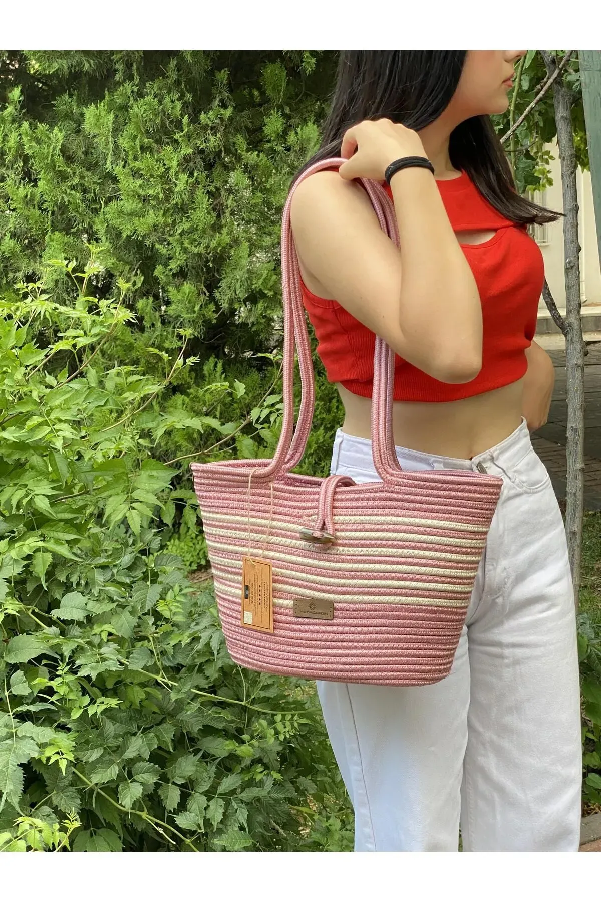 Pembe ve krem el çantası plaj çantası omuz çantası jüt hasır görünümlü