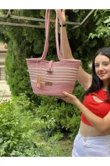 Pembe ve krem el çantası plaj çantası omuz çantası jüt hasır görünümlü